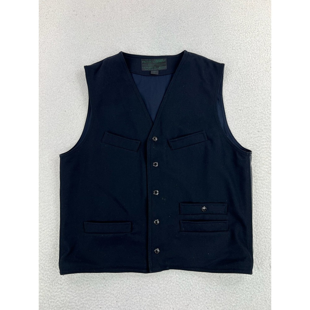 Vintage Filson Vest Mens Large Blue Wool Belted Lined Outdoor Workwear USA 10213